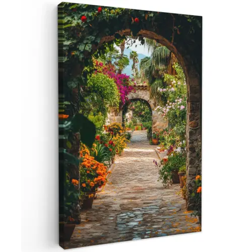 Doorkijk - Bloemen - Poort - Stenen Tuinposter op houten frame 2 cm dik klein -3d