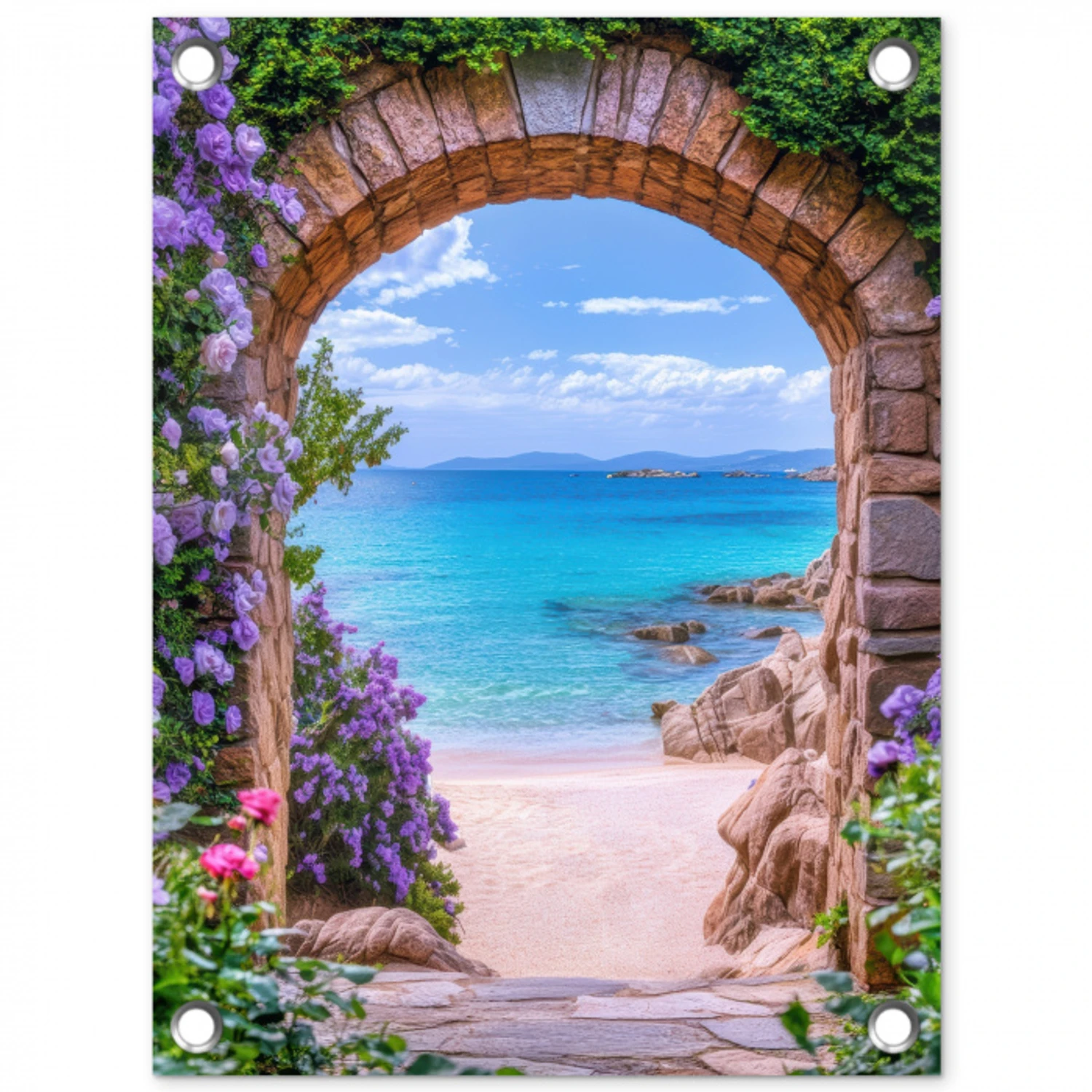Doorkijk - Poort - Zee - Strand - Rotsen tuinposter los doek klein -3d