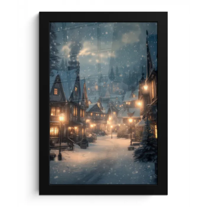Winterdorp - Sneeuw - Donker fotolijst zwart zonder passe partout klein -3d