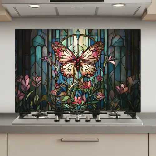 Vlinder - Roze - Bloemen - Bladeren keuken achterwand spatscherm klein -3d_website
