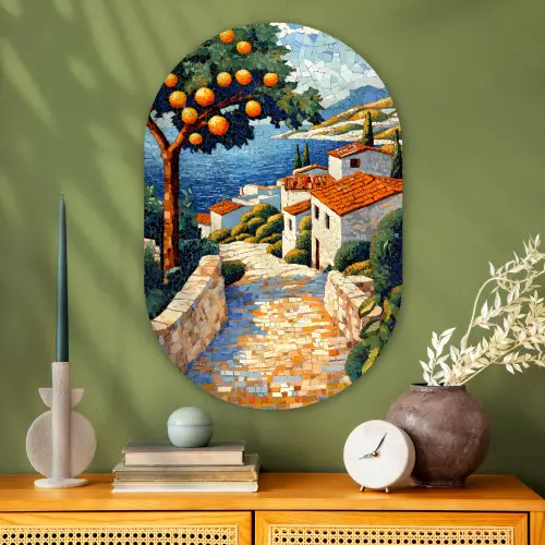 Huizen - Mozaïek - Sinaasappelbomen - Zee Wandcirkel Ovaal Glas middel -sfeer2