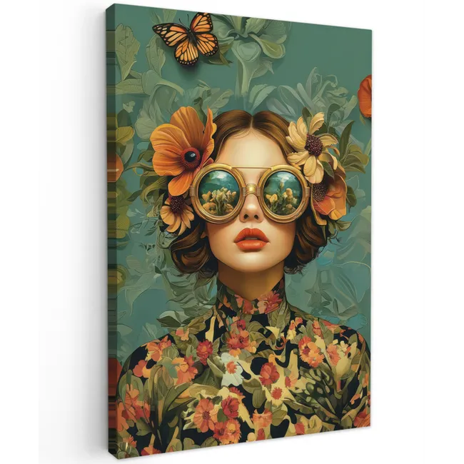 Vrouw - Bloemen - Vlinders - Natuur - Vintage canvas 2cm klein -z3d