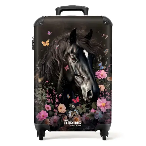 Zwart paard met witte bles en kleurrijke bloemen Koffer - NBS - Handbagage middel -productfoto_recht