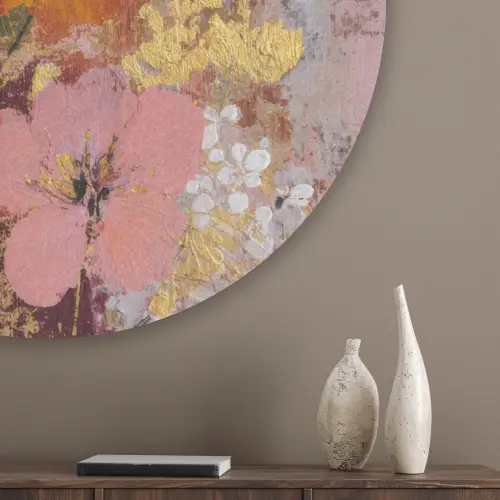 Schilderij - Bloemen - Rustiek - Roze Akoestische PET Vilt - Rond klein -sfeer5_closeup