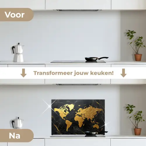 Wereldkaart - Goud - Marmer keuken achterwand spatscherm klein -voor_na_NL