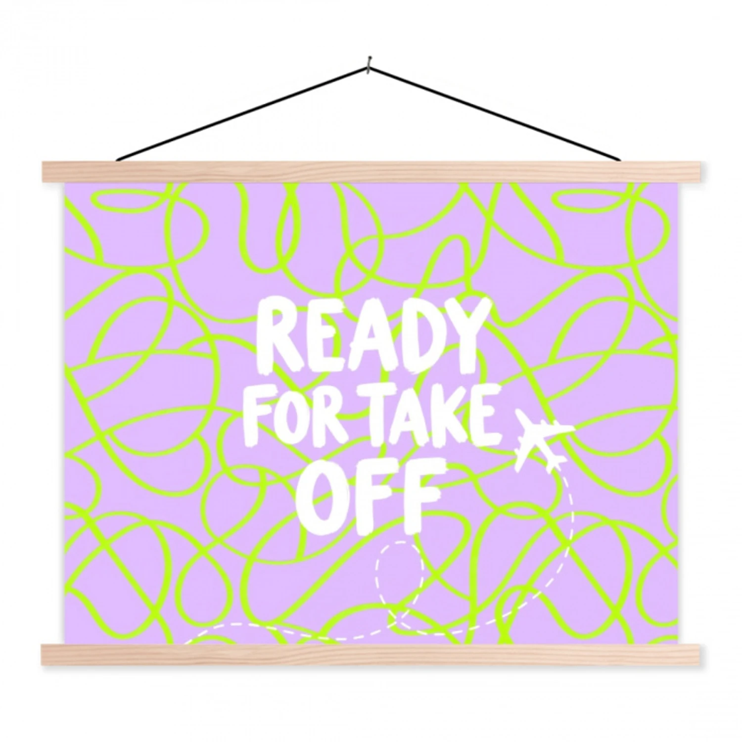 Ready for take off - Vliegtuig - Groen - Paars - Golvende lijnen textielposter latten blank klein -3d