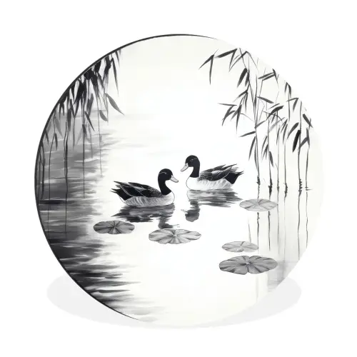 Eenden - Waterlelies - Riet - Zwart Wandcirkel aluminium klein -3d