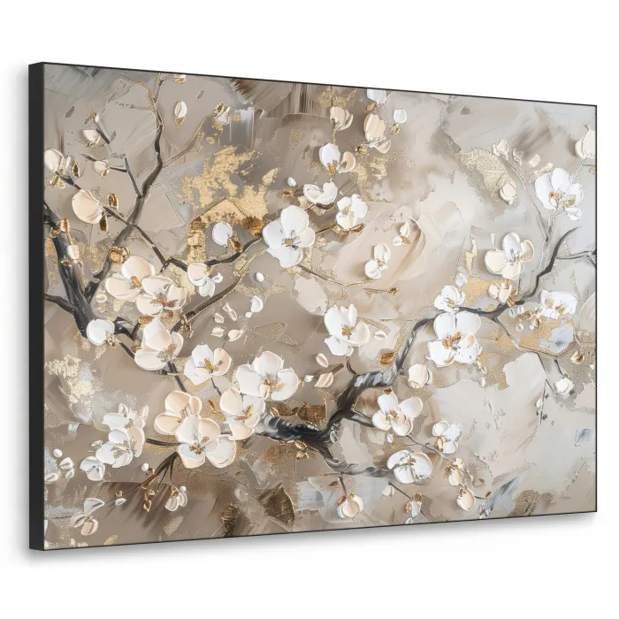 Bloemen - Wit - Goud - Beige  - Luxe Textielframe zwart klein -3d