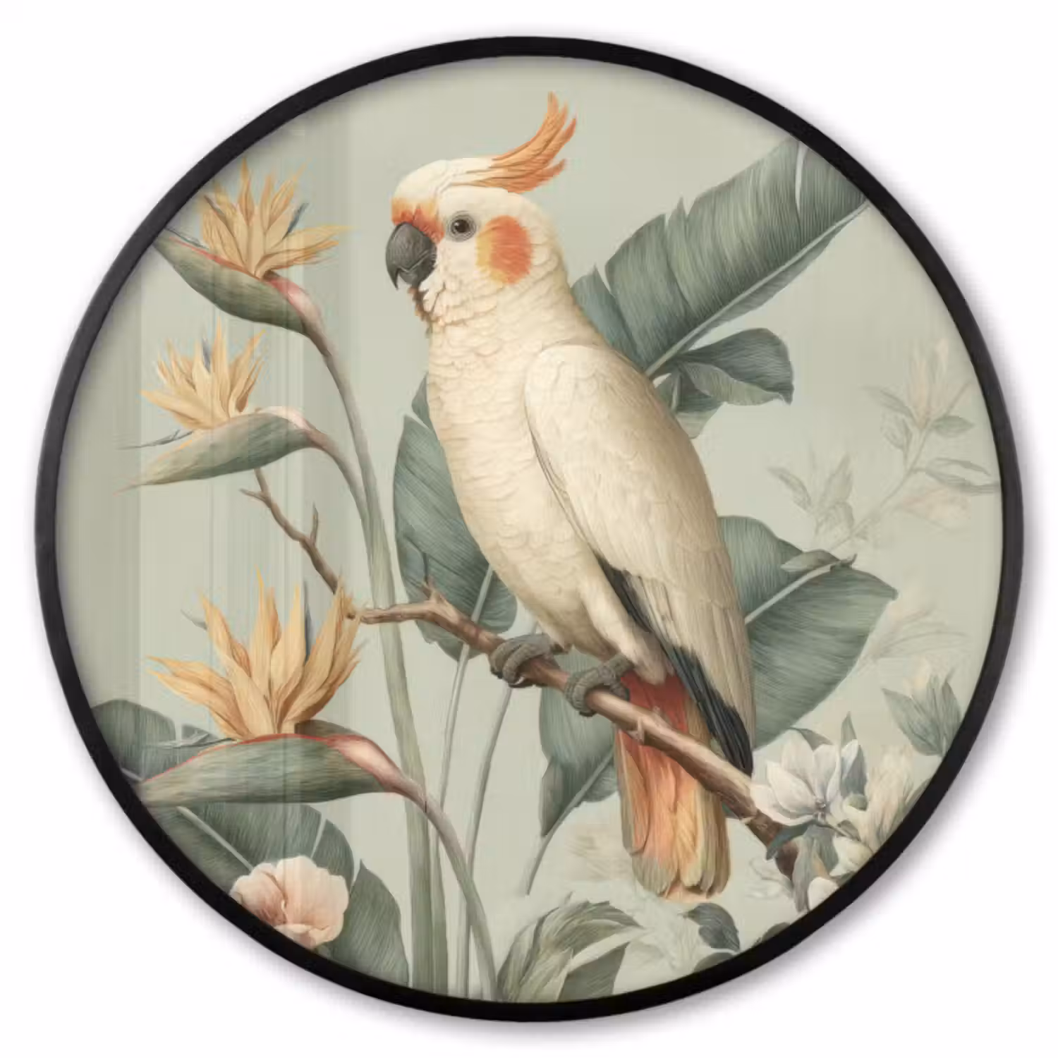 Ronde fotolijst - Gele kuifkaketoe - paradijsvogelbloemen - Groen