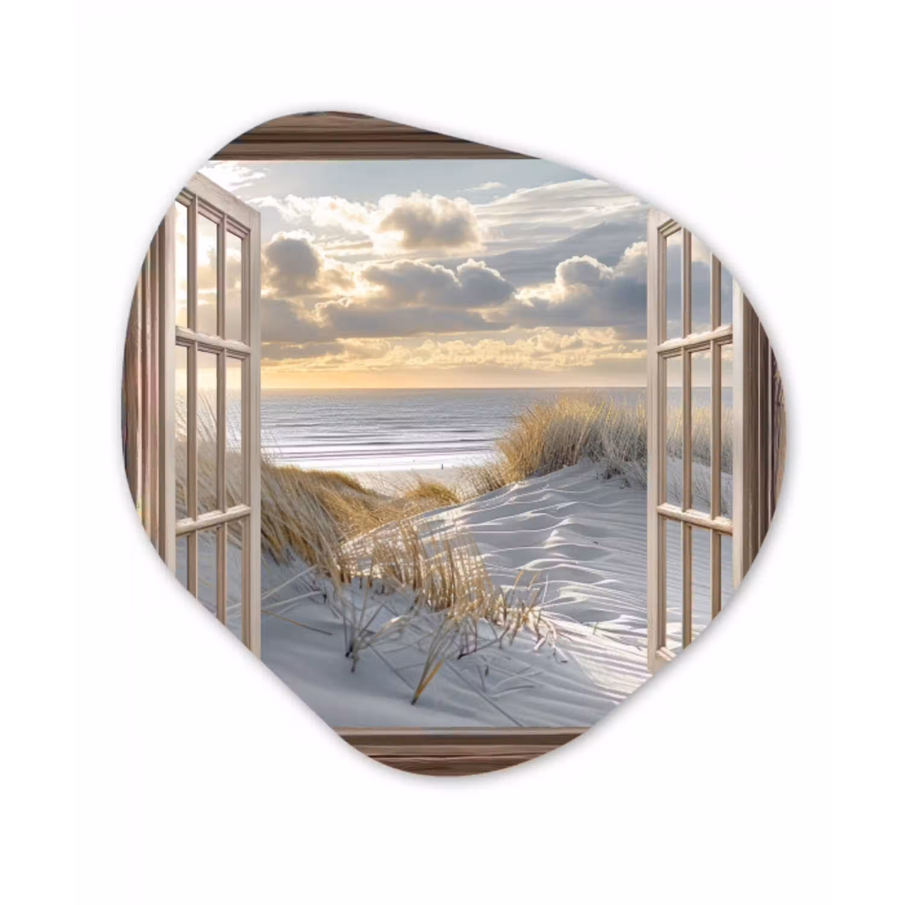 Doorkijk - Strand - Duinen - Zee - Natuur Wandcirkel Organisch Aluminium middel -3d