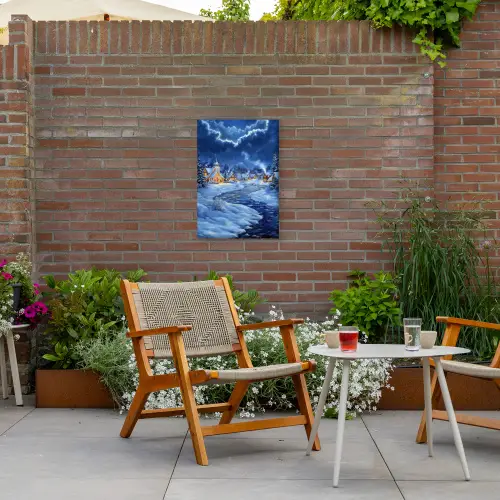 Winteravond - Kerstdorp - Donker Tuinposter op houten frame 2 cm dik klein -sfeer3