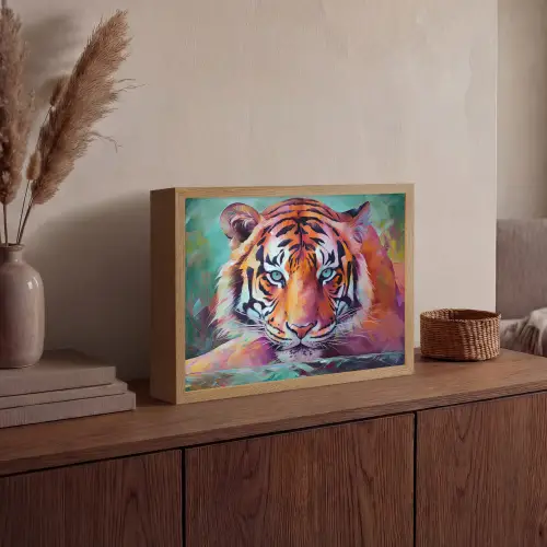 Tijger - Olieverf - Dieren - Kunst Light Box met batterij (Wandlamp) middel -sfeer2