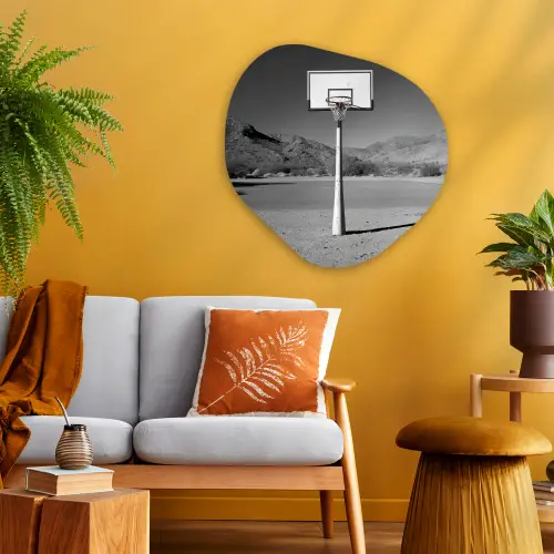 Basketbalpaal - Landschap - Zand - Wit Wandcirkel Organisch Plexiglas middel -sfeer4