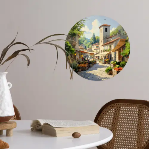 Dorp - Zon - Kraampjes - Huizen Wandcirkel behangsticker klein -sfeer3