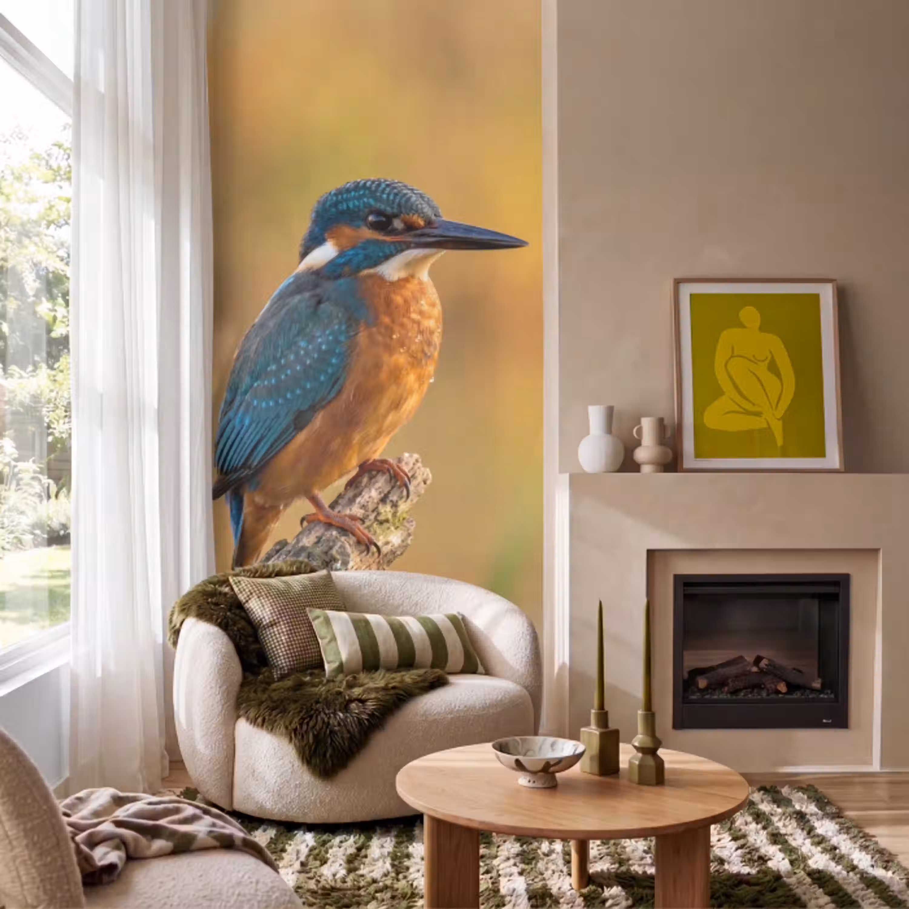 IJsvogel - Tak - Water - Kleurrijk - Levendig Behang Vlies klein -sfeer2