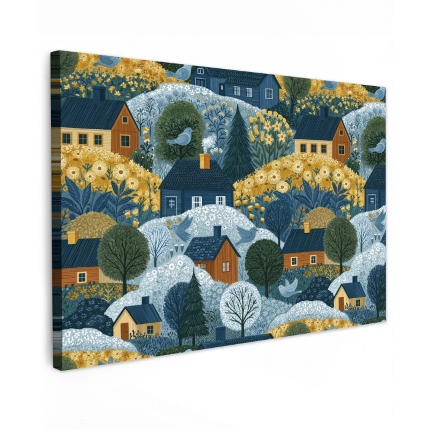 Huisjes - Bloemen - Patroon - Geel - Blauw Tuinposter op houten frame 2 cm dik klein 845 -3d