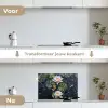 Glasstukjes - Leliebladeren - Vis - Oranje keuken achterwand spatscherm klein -voor_na_NL