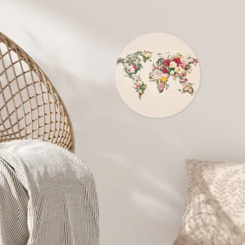 Wereldkaart - Bloemen - Roze Wandcirkel behangsticker klein -sfeer4