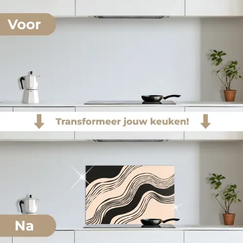 Golven - Zwart - Zandkleur keuken achterwand spatscherm klein -voor_na_NL