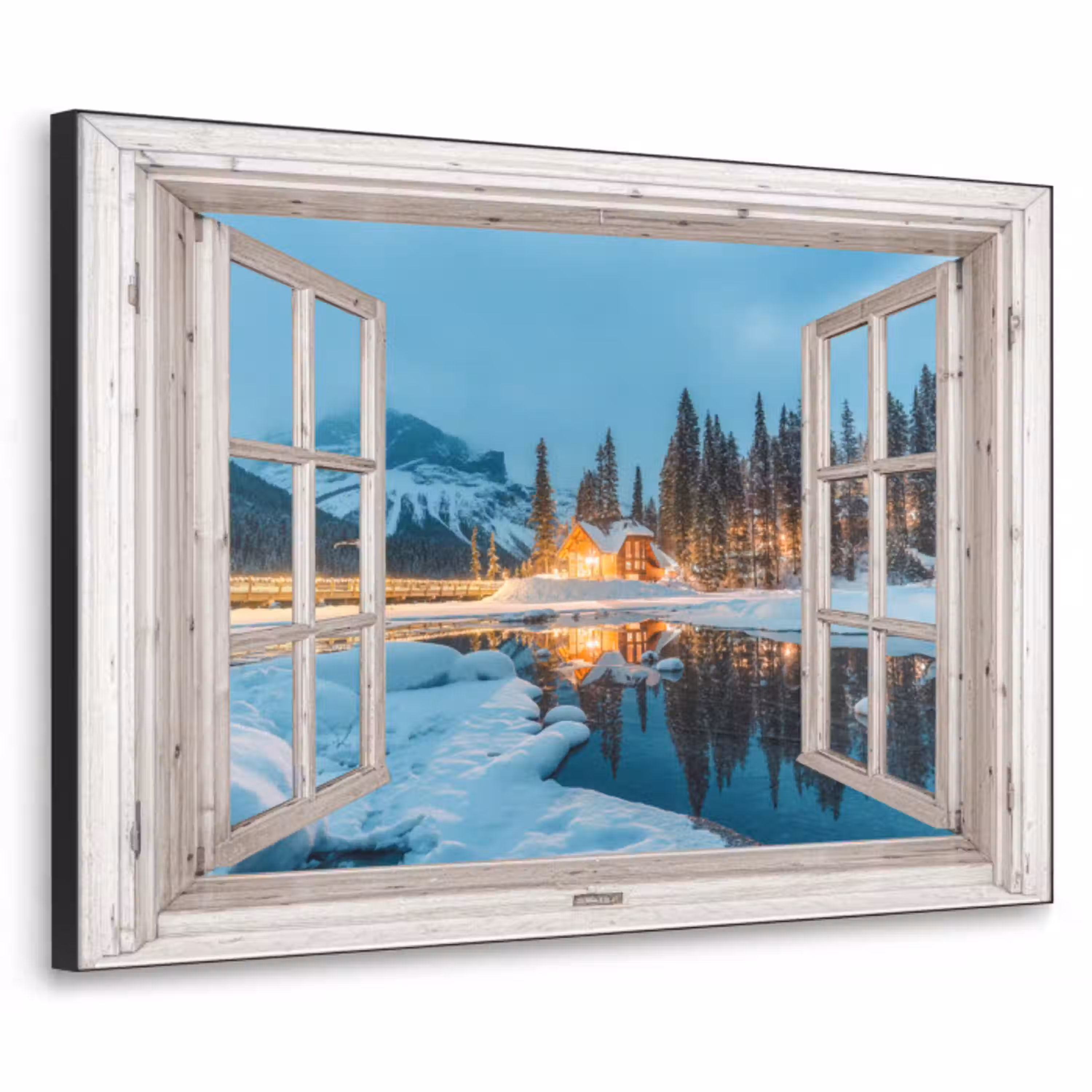 Doorkijk - Winterlandschap - Natuur - Huis - Bergen Textielframe - compleet frame klein -3d