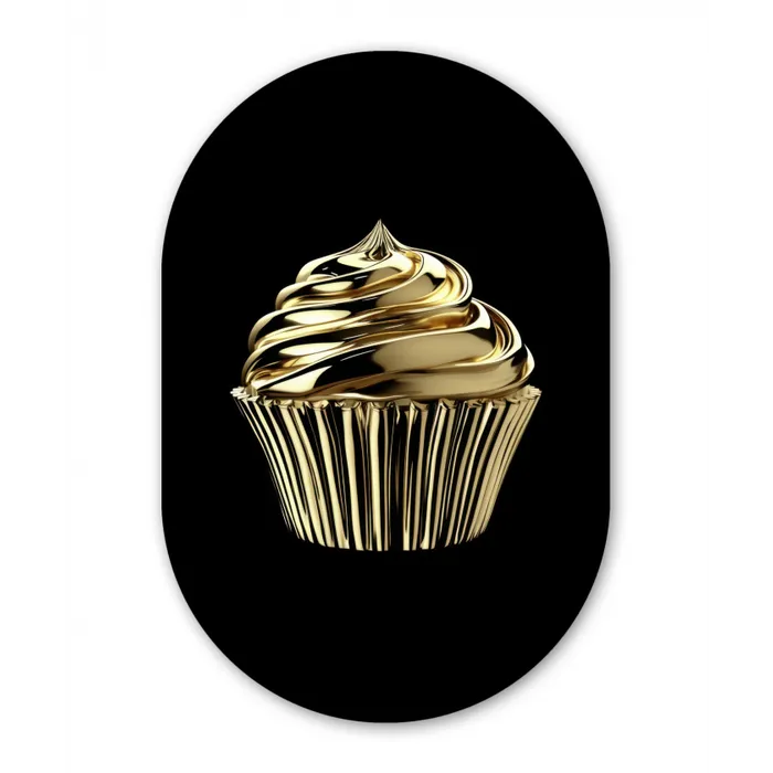 Cupcake - Eten - Goud - Zwart Wandcirkel Ovaal Glas middel -3d