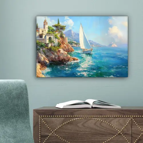Zeilboot - Rotsen - Kust - Huizen canvas 2cm klein -sfeer4