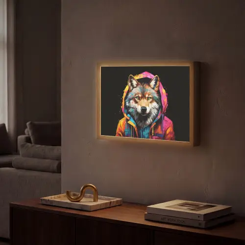Graffiti - Wolf - Jas - Zwart Light Box met batterij (Wandlamp) middel -sfeer1