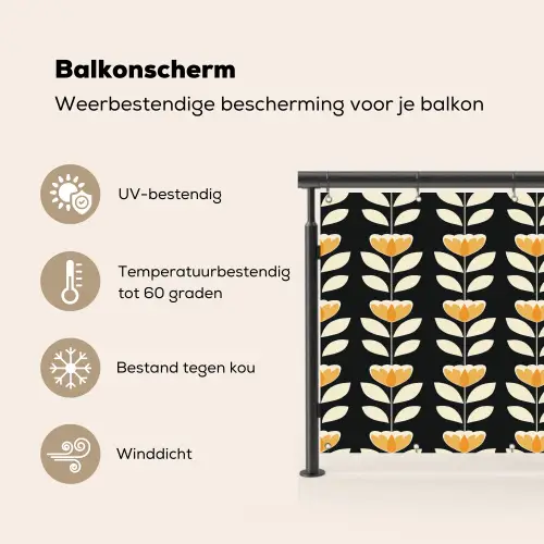 Retro - Bloem - Zwart - Okergeel Balkonbeschermer Duitsland klein 596 -specs_NL