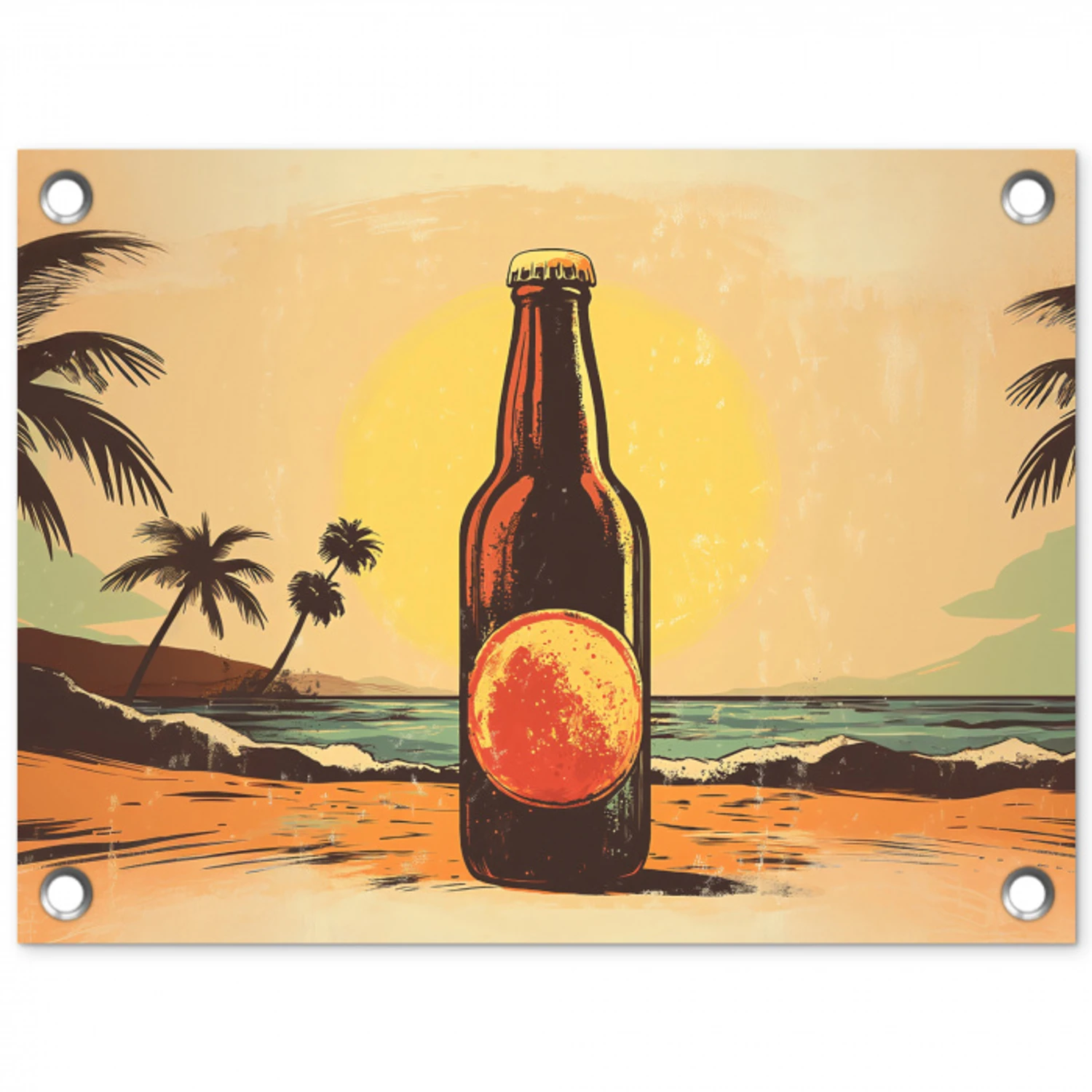 Bierfles - Zonsondergang - Palmbomen - Zee tuinposter los doek klein -3d