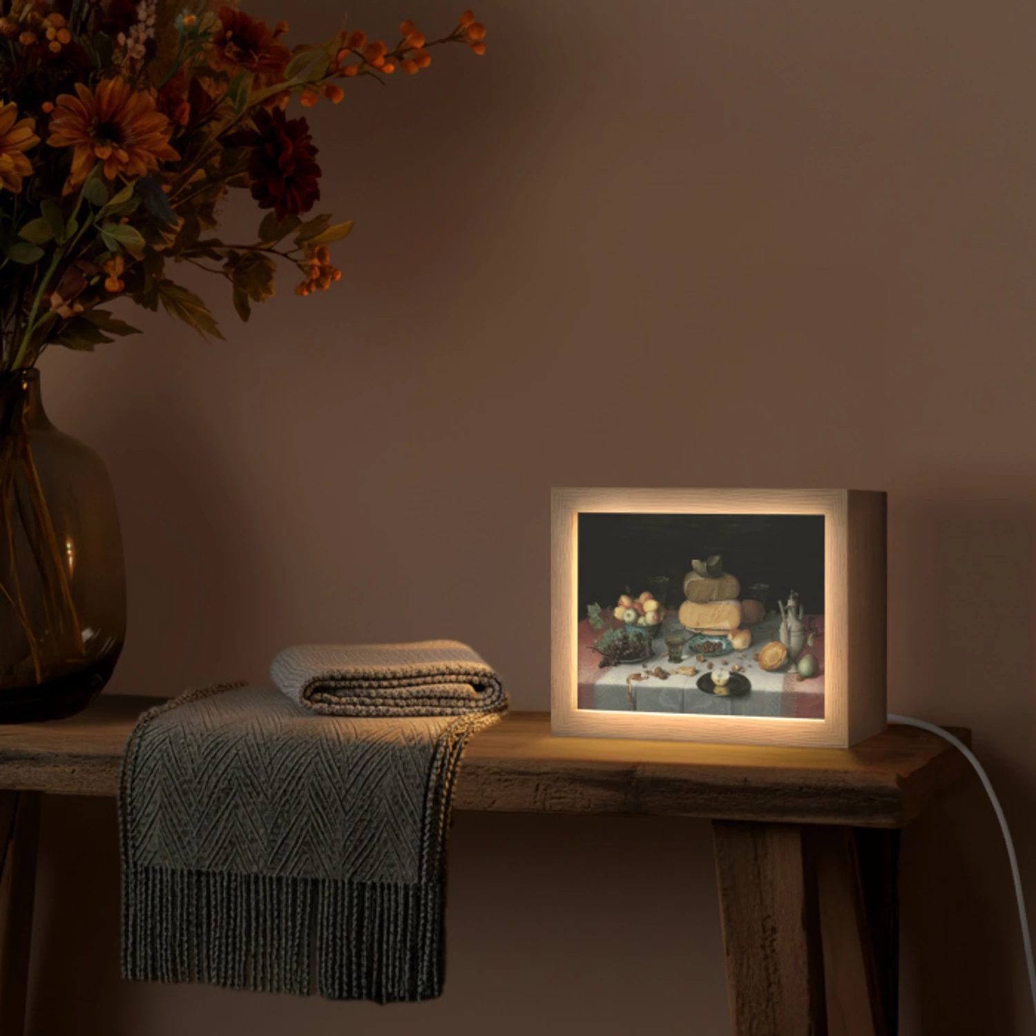 Stilleven met kazen - Kunstwerk - Oude meesters Light Box met kabel (Tafellamp) klein -sfeer4
