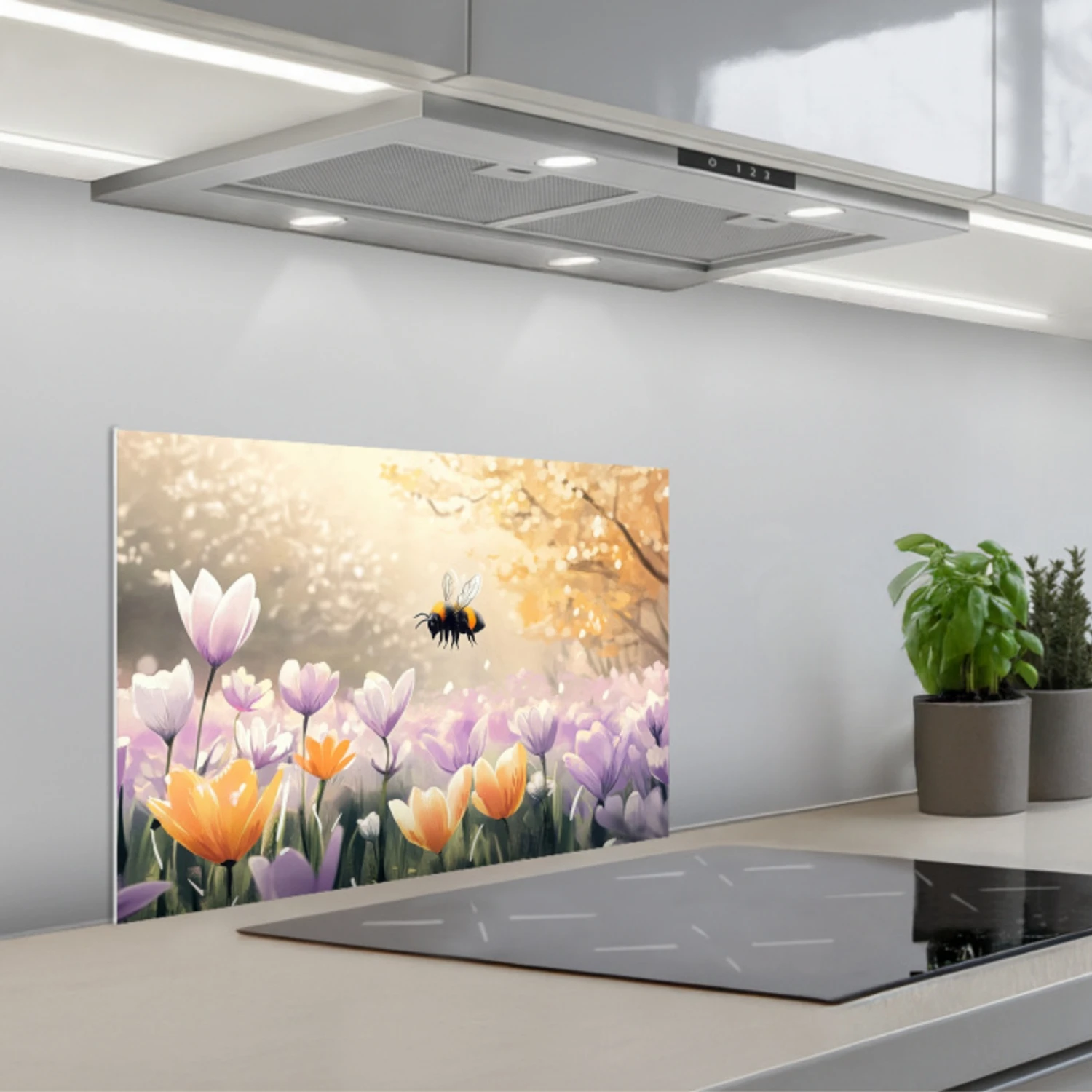 Kitchen splashback for hob - Violets - bee - Sunlight | Kitchenyeah.co.uk