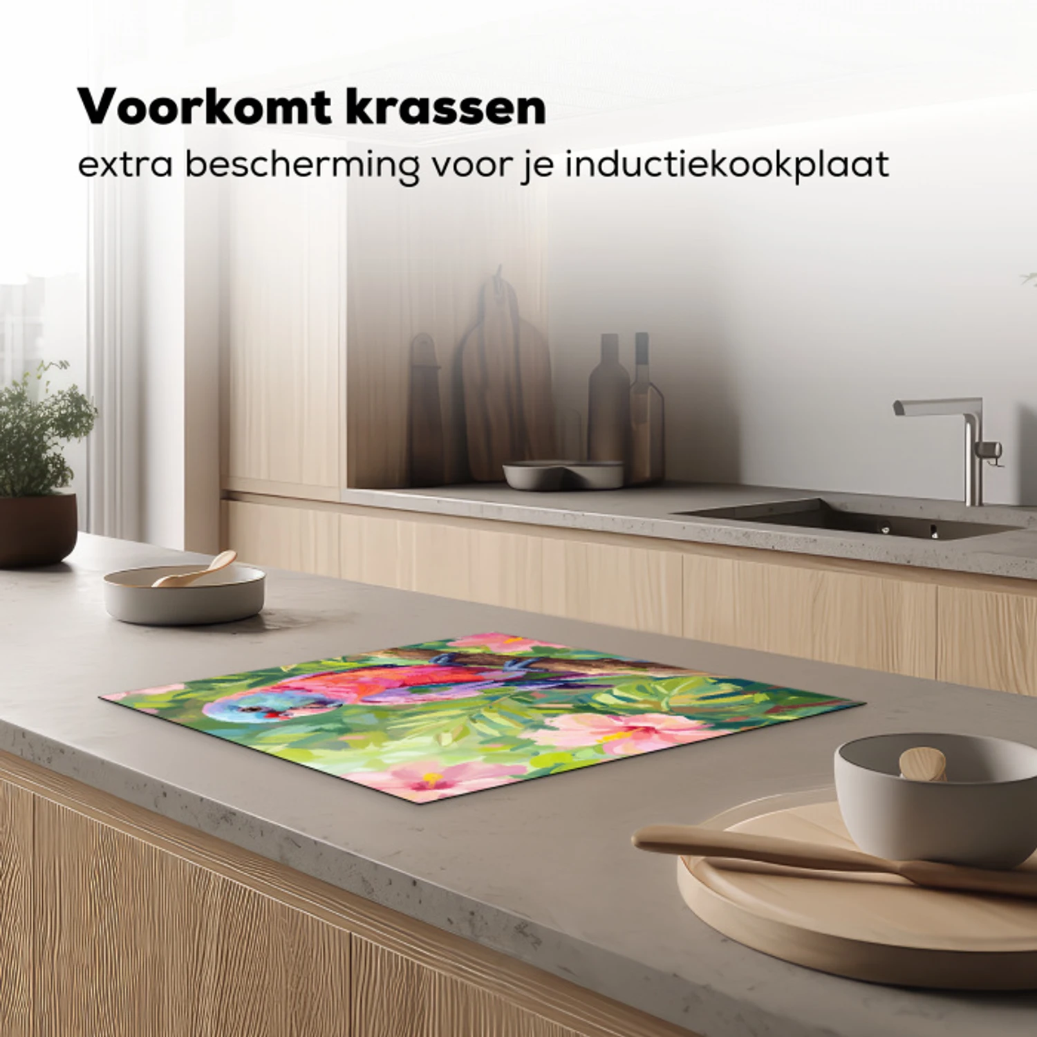 Papagaai - Hibiscusbloemen - Kleurrijk Inductie beschermer vinyl 3mm middel -sfeer1