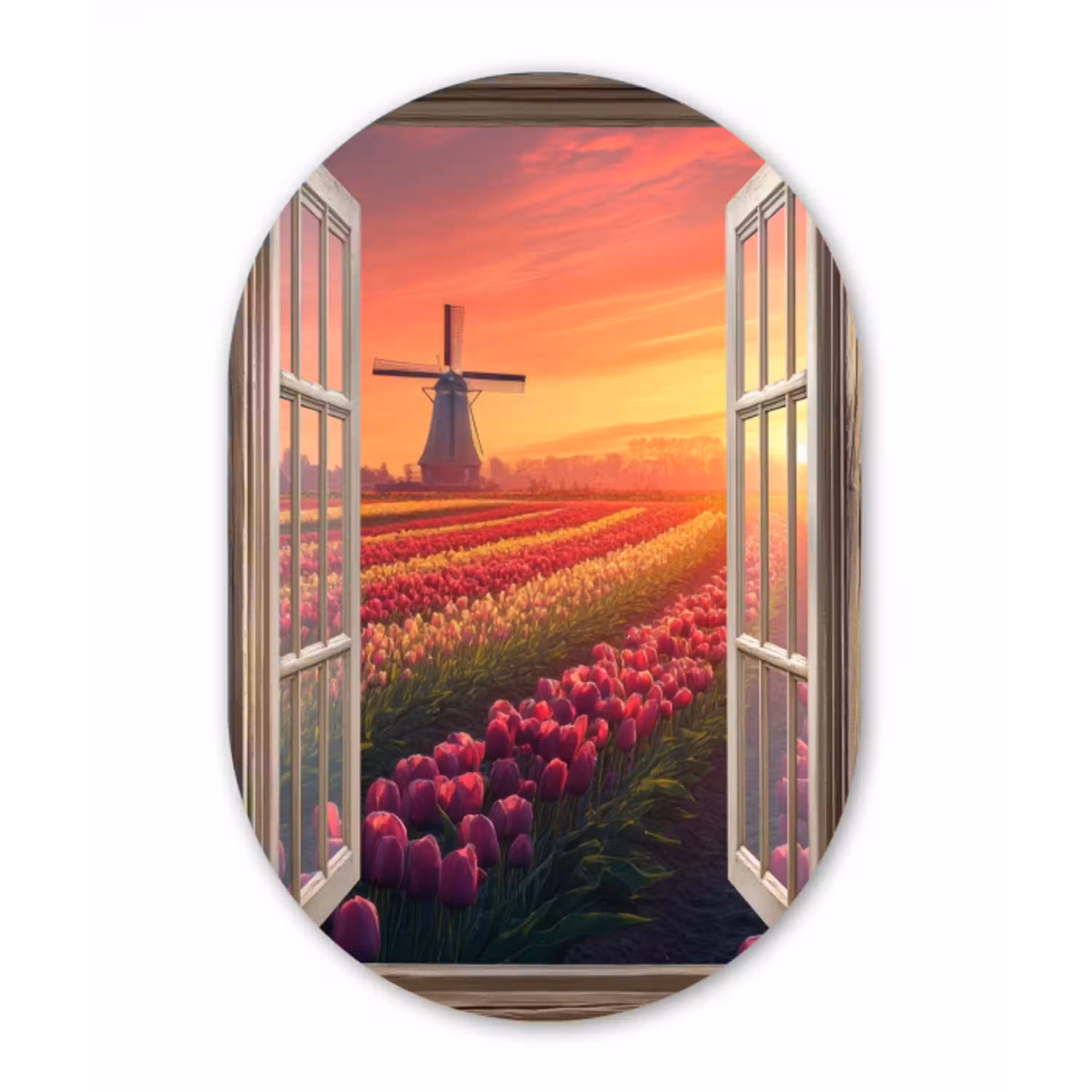Doorkijk - Tulpen - Zonsondergang - Bloemen - Kleurrijk Wandcirkel Ovaal Glas middel -3d