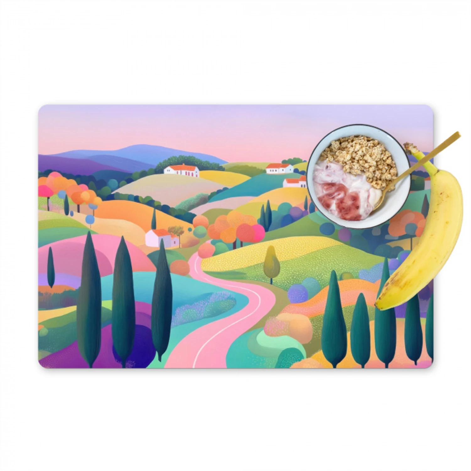 Landschap - Paars - Pastel - Huizen Placemat vinyl groot -zzzproduct_Kitchenyeah-website
