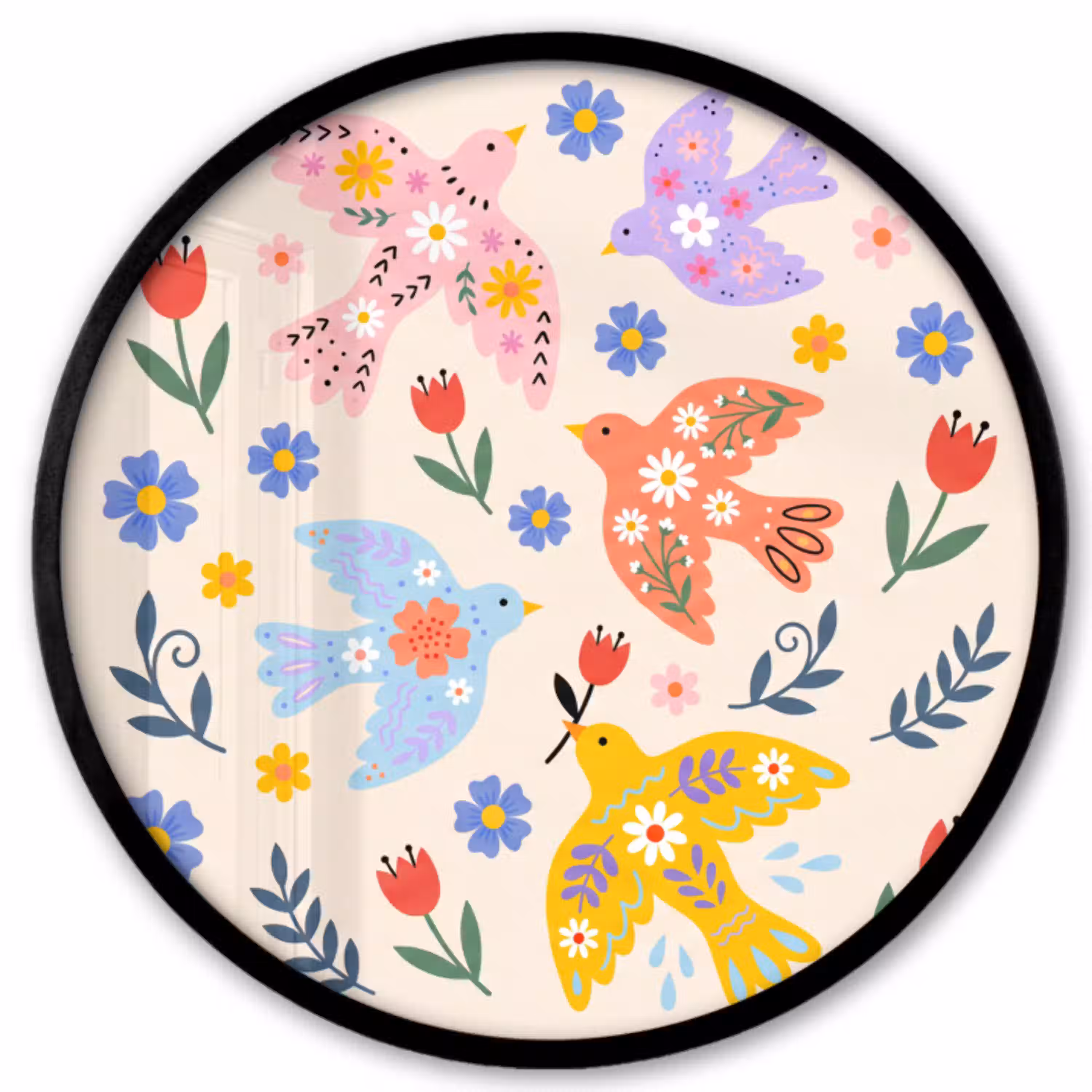 Vogel - Bloemen - Folk - Kleurrijk - Dieren Fotolijst rond zonder passe partout klein -3d