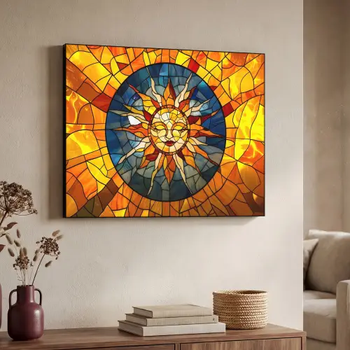 Mozaïek - Zon - Geel - Cirkel Textielframe zwart klein -sfeer3