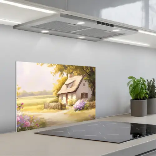 Huisje - Hout - Bloemen keuken achterwand spatscherm klein -3d_schuin