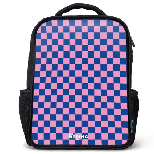 Blokjes - Blauw - Roze Rugzak - Zwart middel -3d