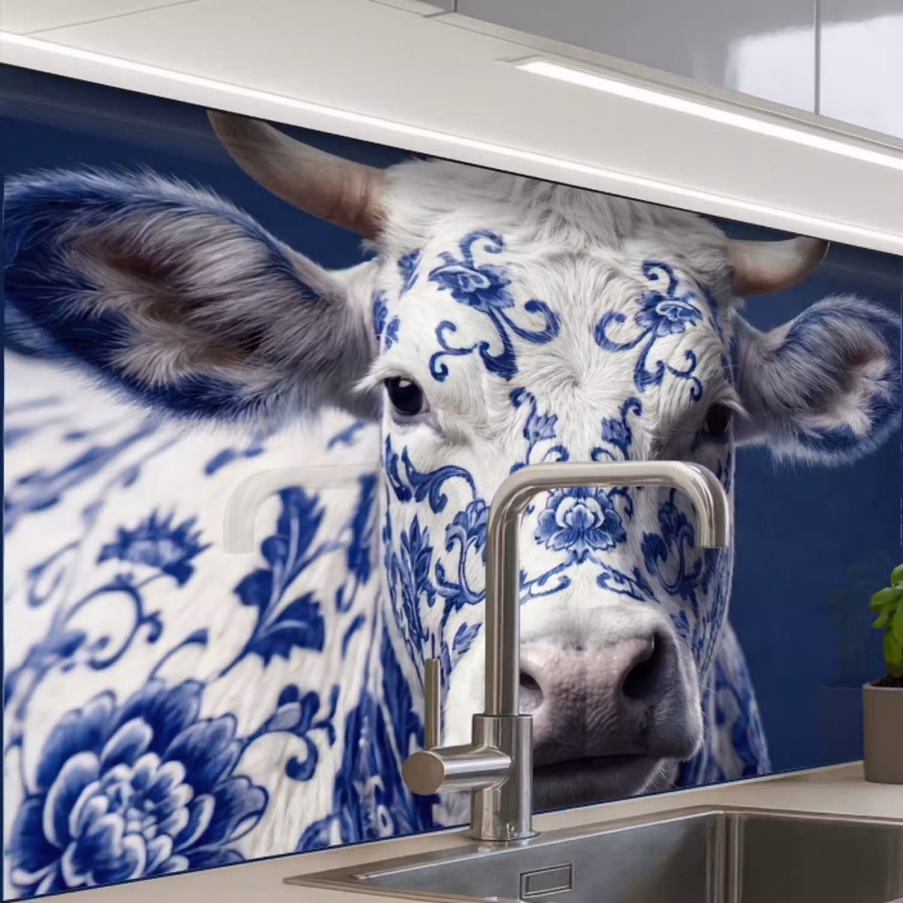 Koe - Delfts - Blauw - Artistiek keuken achterwand 2 middel -zzzz3d_schuin