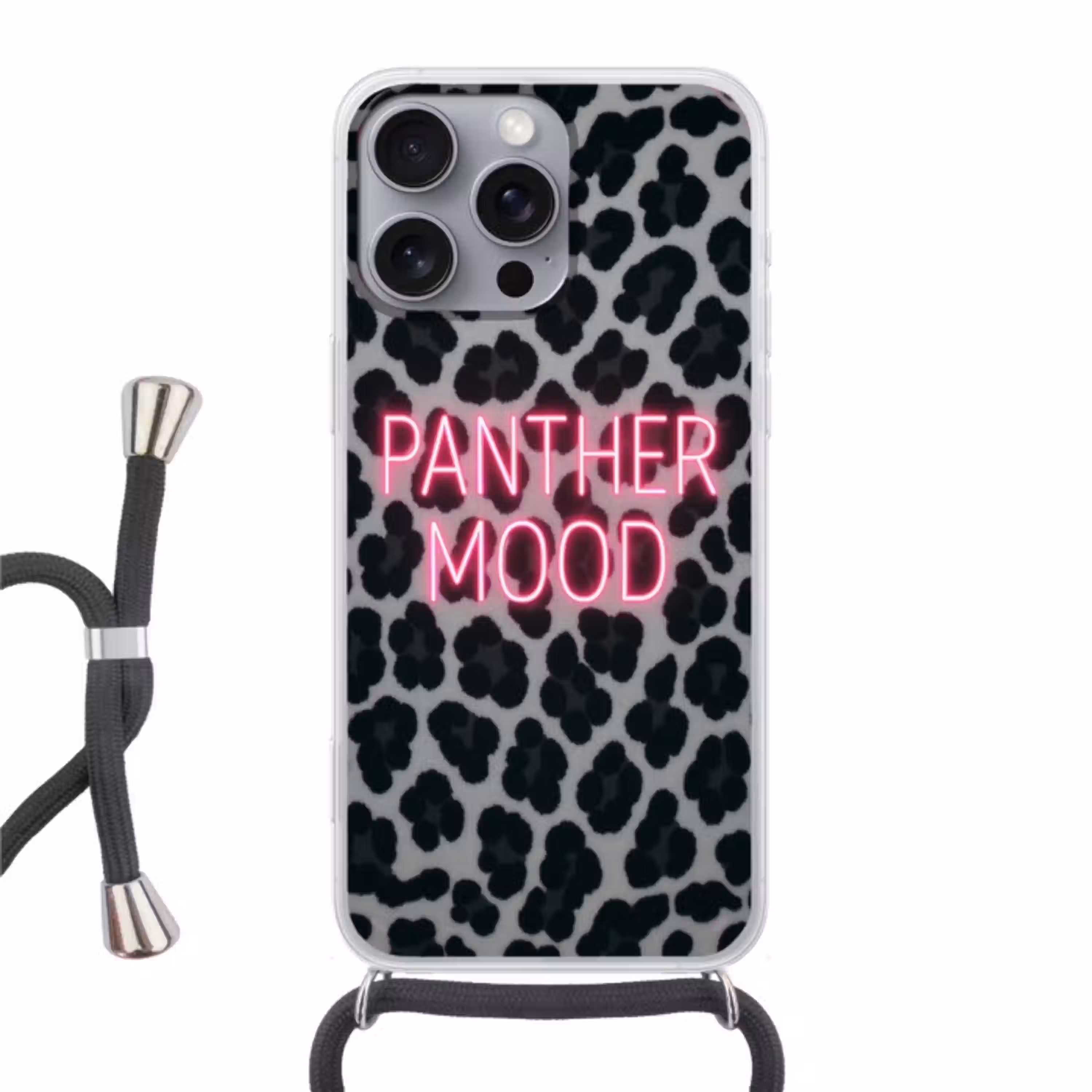 Panterprint - Zwart - Neonletters - Roze Hoesje iPhone 16 Pro Max met koord klein -3d
