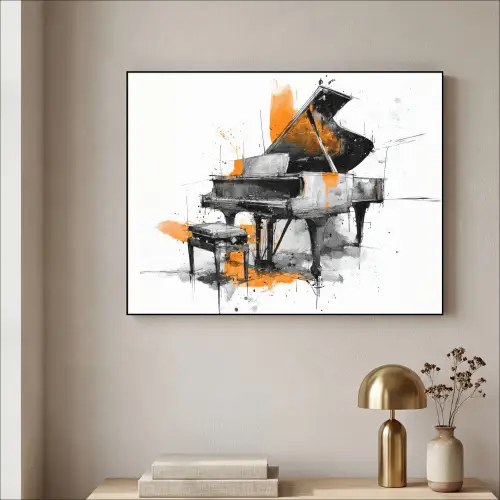 Piano - Oranje - Zwart - schets lijnen Textielframe zwart klein -sfeer2