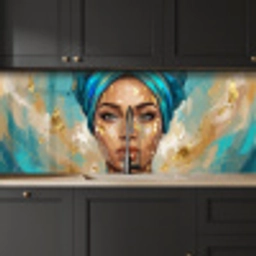 Portret - Vrouw - Schilderij - Blauw - Goud - Expressief keuken achterwand 2 middel -sfeer1