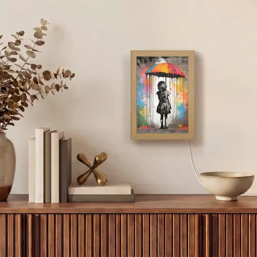 Meisje - Kunst - Paraplu - Graffiti - Kleuren - Muur Light Box met kabel (Tafellamp) klein -sfeer2