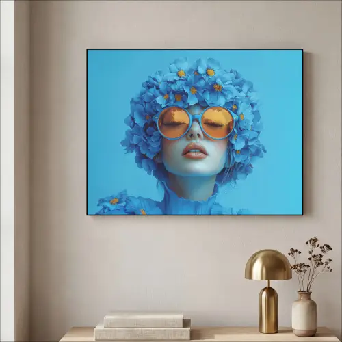 Vrouw - Bloem - Blauw - Modern - Bril - Portret Textielframe zwart klein -sfeer2