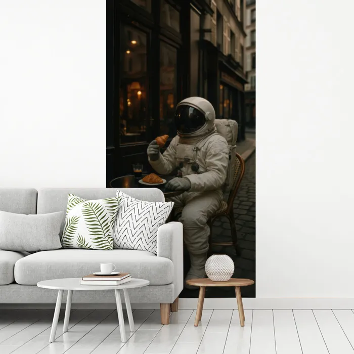 Café - Croissant - Koffie - Astronaut fotobehang vinyl groot -woonkamer