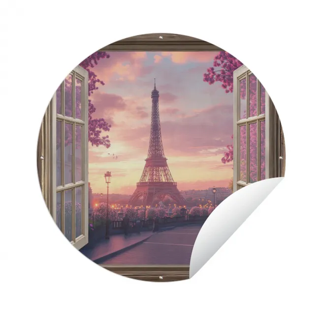 Doorkijk - Parijs - Eiffeltoren - Roze - Kersenbloesem Wandcirkel tuinposter met ringen klein -3d