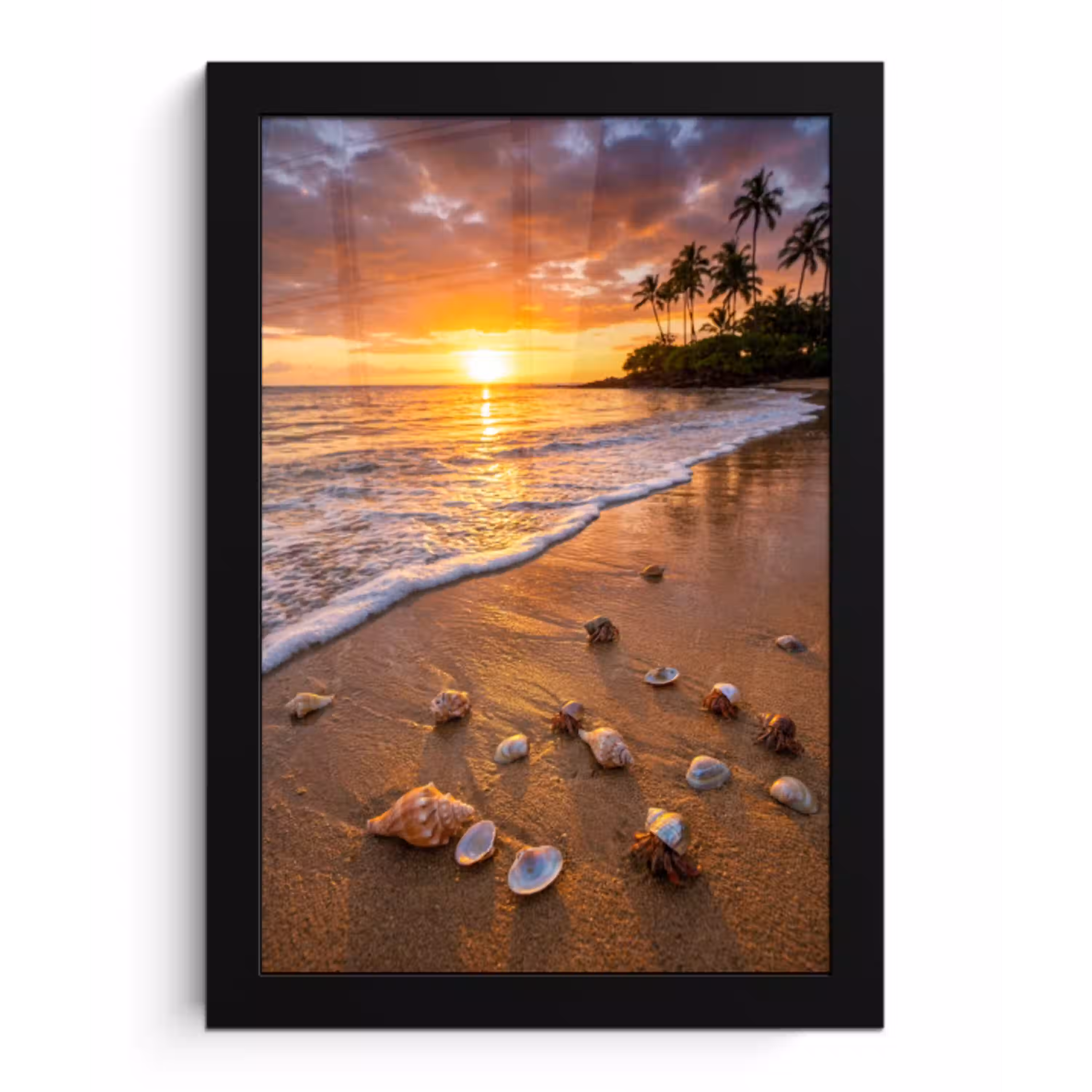 Strand - Zonsondergang - Palmbomen - Natuur - Oranje fotolijst zwart zonder passe partout klein -3d
