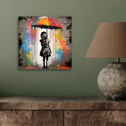 Meisje - Kunst - Paraplu - Graffiti - Kleuren - Muur aluminium wit klein -sfeer2