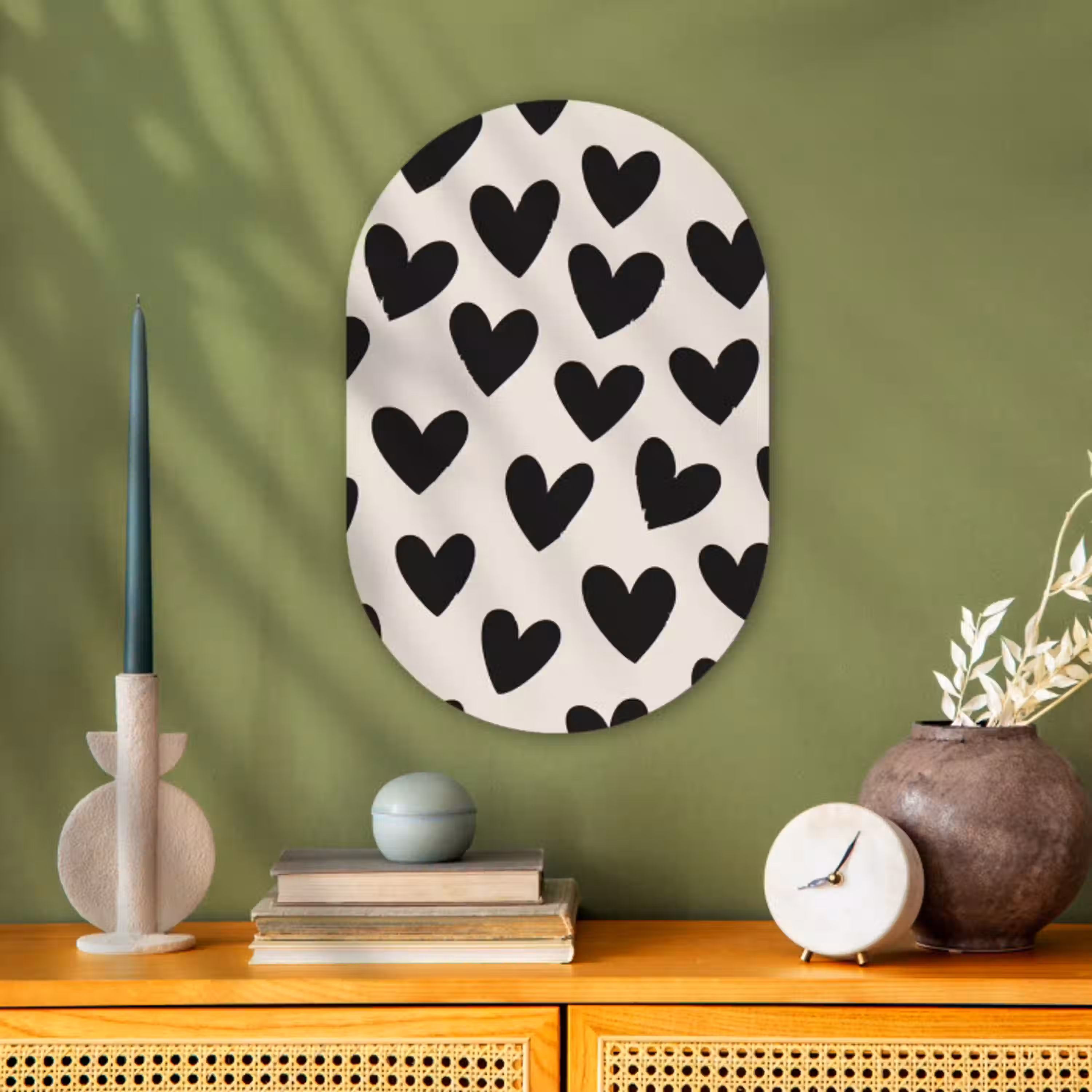 Hartjes - Zwart - Beige Wandcirkel Ovaal Forex klein -sfeer2