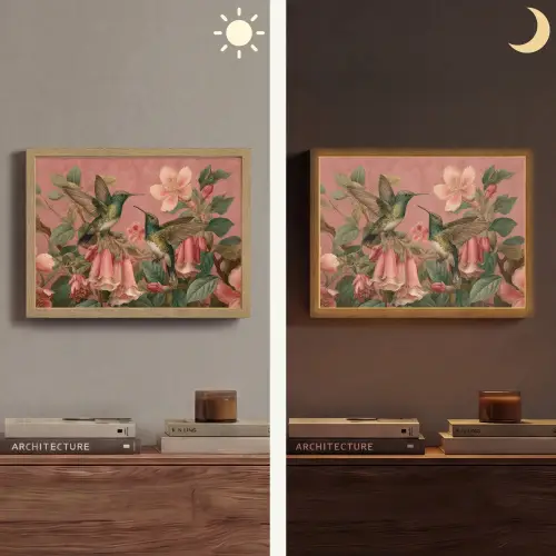Kolibries - Bloemen - Groen - Roze Light Box met batterij (Wandlamp) middel -sfeer3